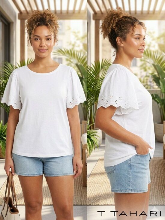 T Tahari Tops - T Tahari White Eyelet Flutter Sleeves Top Cotton Women's - Size 1XL